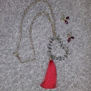 4/$18 Handmade mexico red heart tassel jewelry set